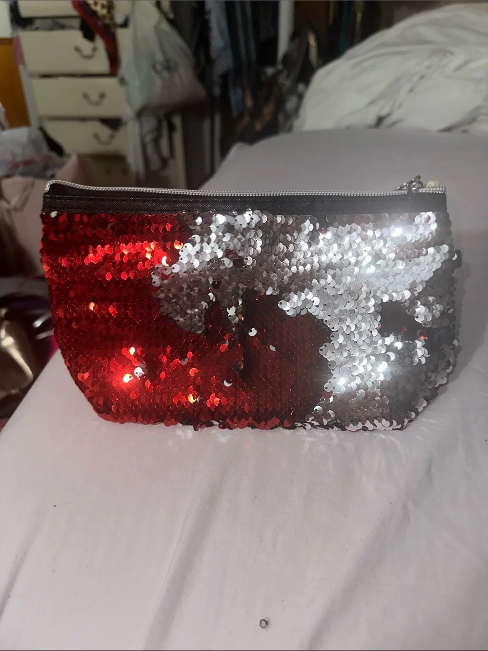 Amazon Red and Silver Sequin Wristlet Pouch flower silver charm like new cute